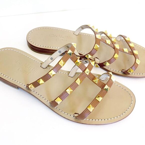 De Martino Capri Shoes - Studded Strappy Tan Leather Sandals Made in Italy Size 39